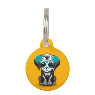 Placa Para Mascotas Día azul lindo del amarillo del perro cachorro mue