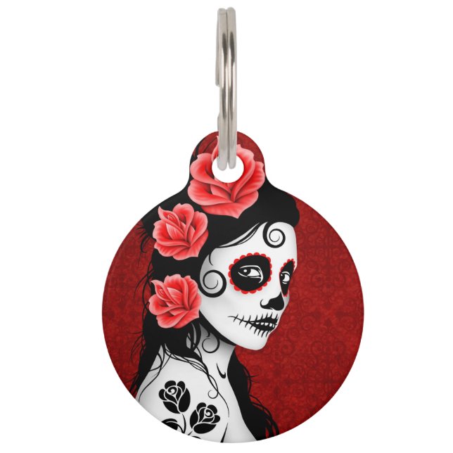 Placa Para Mascotas Día de color rojo oscuro del chica muerto del (Anverso)