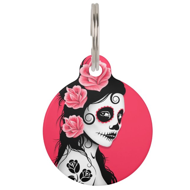 Placa Para Mascotas Día rosado del chica muerto del cráneo del azúcar (Anverso)