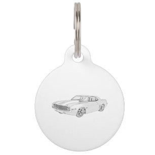 Placa Para Mascotas Dibujo blanco y negro 1969 de Chevy Camaro