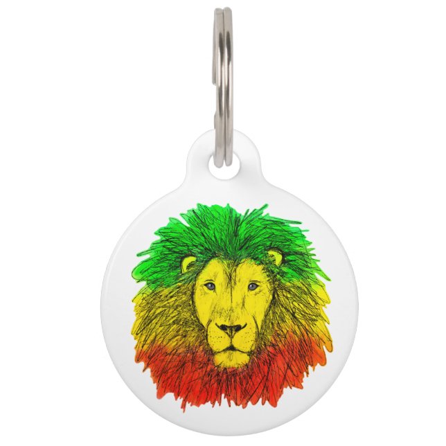 Placa Para Mascotas Dibujo de cabeza de león Rasta rojo amarillo verde (Anverso)