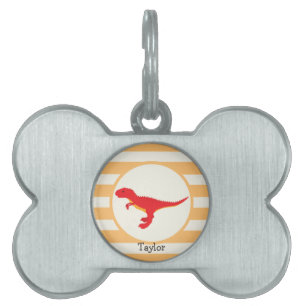Placa Para Mascotas Dinosaurio T-Rex rojo; franjas Naranjas