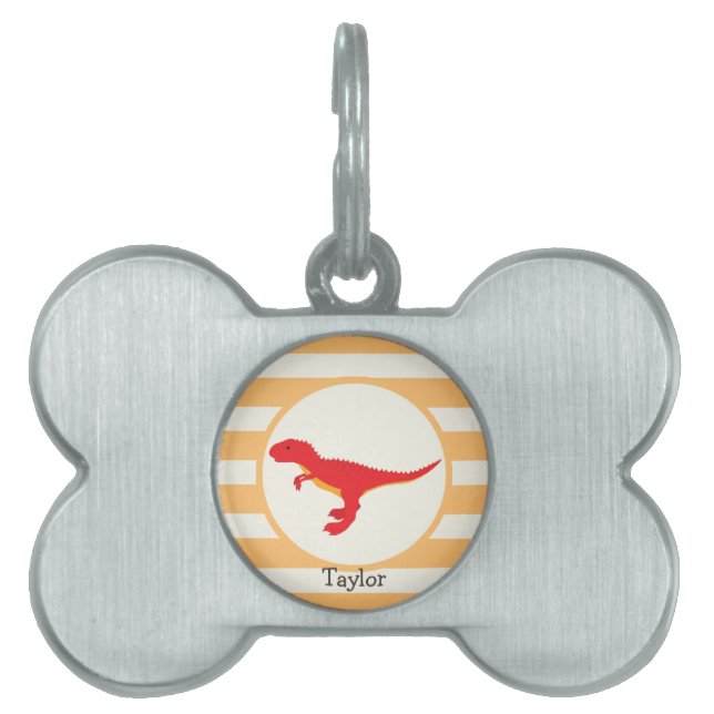 Placa Para Mascotas Dinosaurio T-Rex rojo; franjas Naranjas (Frente)