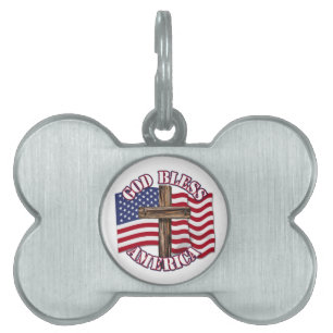 Placa Para Mascotas Dios bendiga a América con la bandera de EE. UU. y
