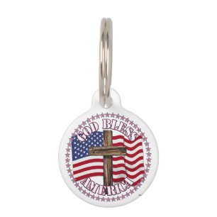 Placa Para Mascotas Dios bendiga a América y cruz con bandera de EE. U