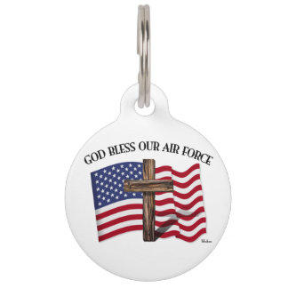 Placa Para Mascotas DIOS BENDIGA NUESTRA FUERZA AÉREA con cruz robusta