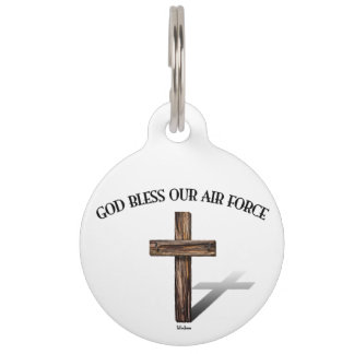 Placa Para Mascotas DIOS BENDIGA NUESTRA FUERZA AÉREA con cruz robusta