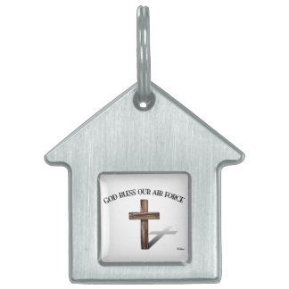 Placa Para Mascotas DIOS BENDIGA NUESTRA FUERZA AÉREA con cruz robusta