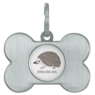 Placa Para Mascotas Diseño de erizo pigmeo africano con número de telé