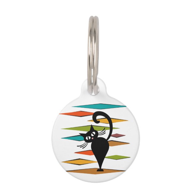 Placa Para Mascotas Diseño de gato negro de Mid Century (Anverso)