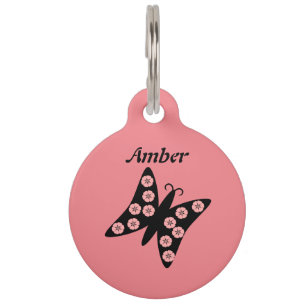 Placa Para Mascotas Diseño de mariposa negra y rosa