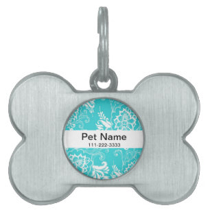 Placa Para Mascotas Diseño gráfico floral azul acuático. Elegante, clá