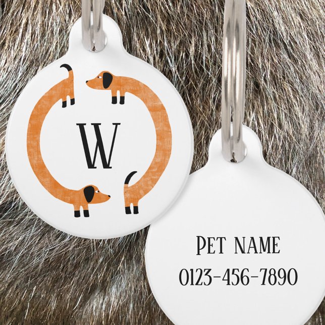 Placa Para Mascotas Divertido Monograma de perros Dachshund Sausage (Fun Dachshund Sausage or Wiener Dog personalized pet tag)