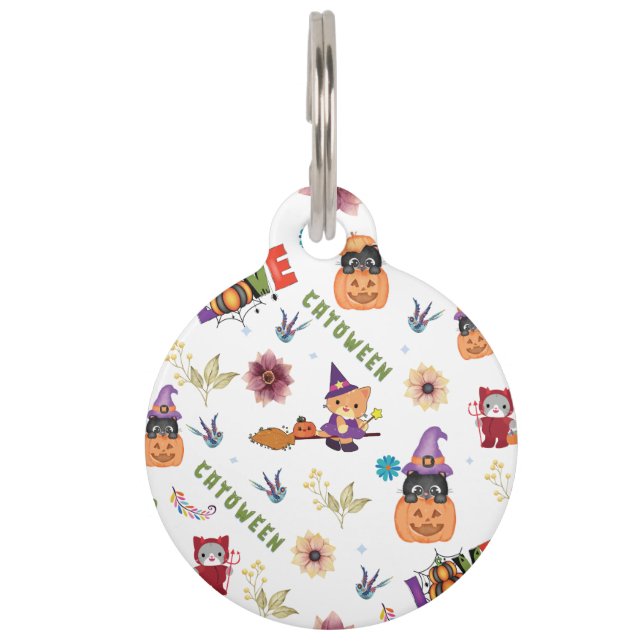 Placa Para Mascotas Diviértete Gato con Sombrero Púrpura en Catoween,  (Anverso)