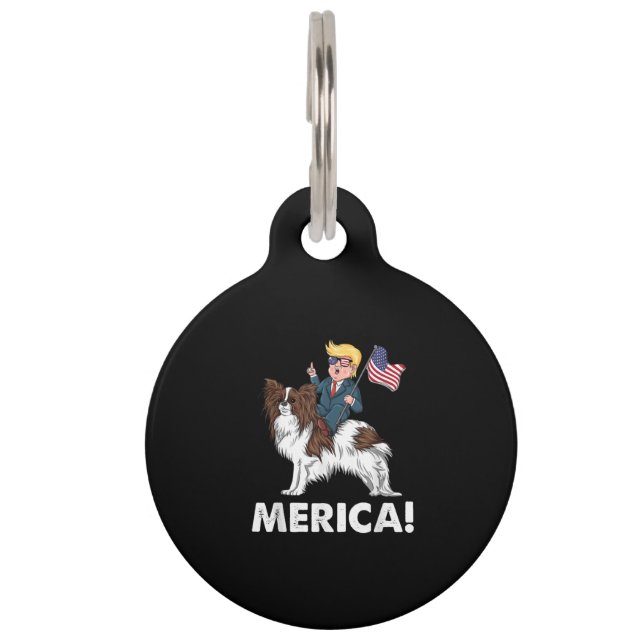 Placa Para Mascotas Dog Lovers | Trump montando Papillon Merica (Anverso)