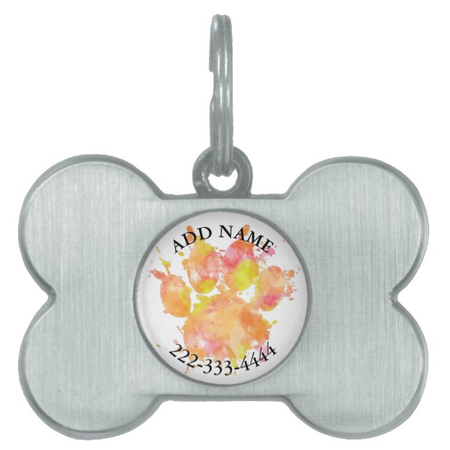 Placa Para Mascotas Dog Pawprint Watercolor Nombre personalizado (Frente)