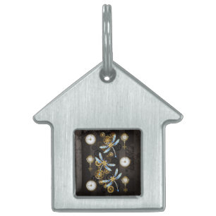 Placa Para Mascotas Dragoniscos de Steampunk sobre fondo rayado marrón