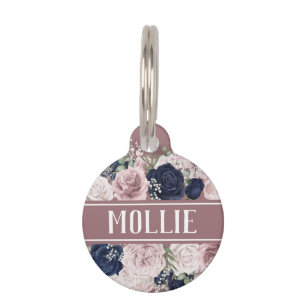 Placa Para Mascotas Dusty Rosas azules rosados Nombre y dirección flor