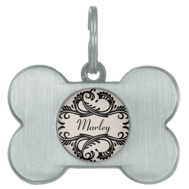 Placa Para Mascotas Ebony Moda Damask Pet Tag (Frente)