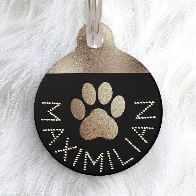 Placa Para Mascotas Efecto Diamante Brillo Oro Falso Perro Cool (A faux gold name tag for your pet dog, with glitter-effect pawprint and faux diamante letters)