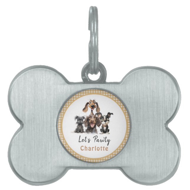Placa Para Mascotas El cumpleaños de Dog Let's Pawty (Frente)