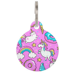 Placa Para Mascotas El purpurinoso de Kitschy Rosa, unicornio y gatito