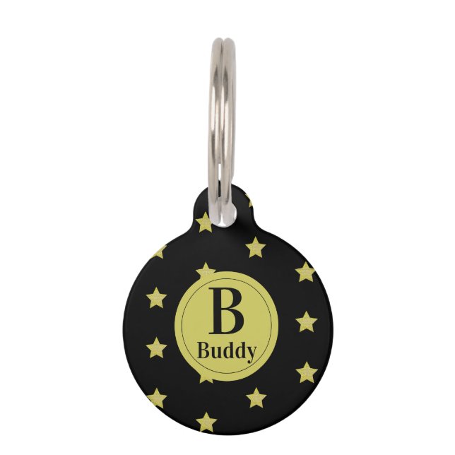 Placa Para Mascotas Elegant Gold & Black Star Pattern Monogram  (Anverso)
