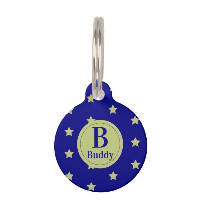 Placa Para Mascotas Elegant Gold & Blue Star Pattern Monogram  (Anverso)
