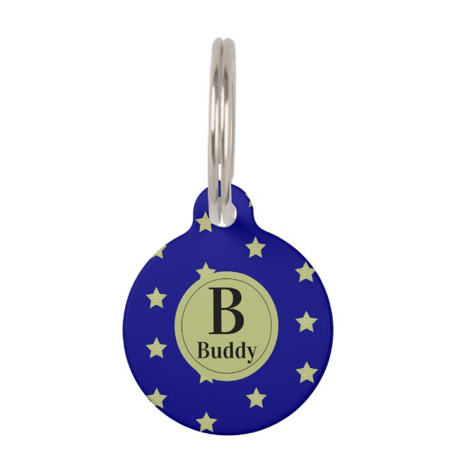 Placa Para Mascotas Elegant Gold & Blue Star Pattern Monogram  (Anverso)