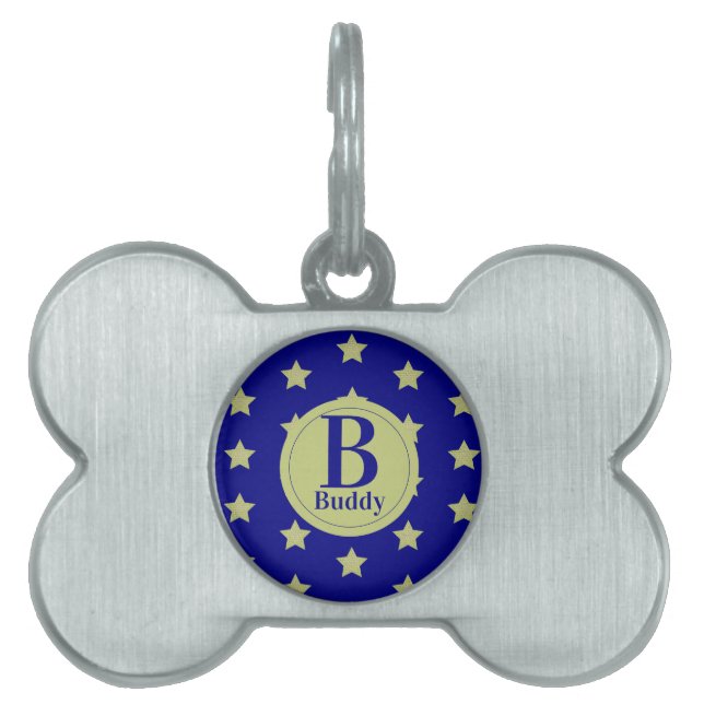 Placa Para Mascotas Elegant Gold & Blue Star Pattern Monogram (Frente)