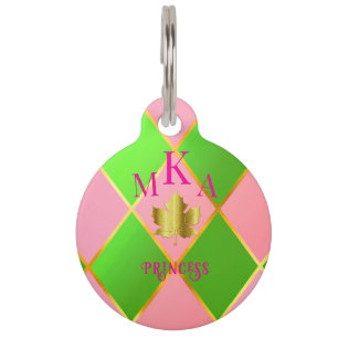 Placa Para Mascotas Elegante Argyle Rosa y Verde Monogramado