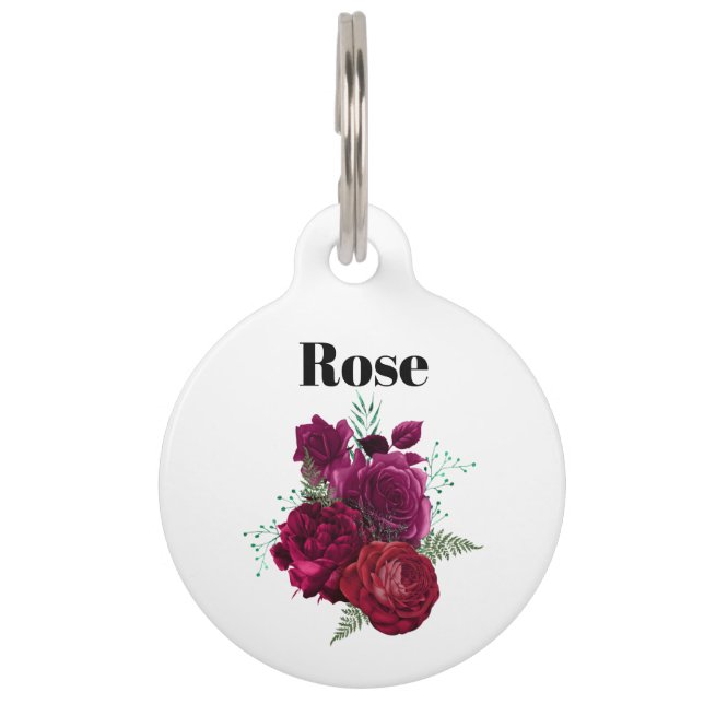Placa Para Mascotas Elegante Bouquet Magenta Rosa Floral (Anverso)