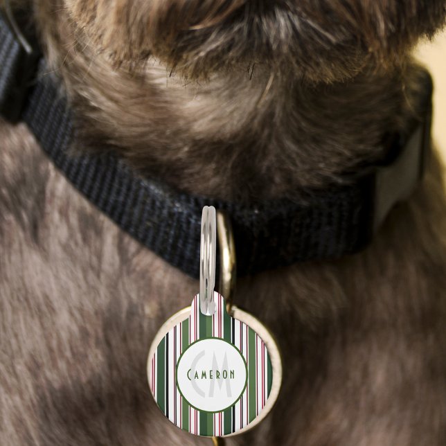 Placa Para Mascotas Elegante Clásico Verde Monograma Rayado (Elegant Classic Green Striped Monogram Pet ID Tag)