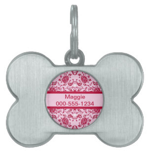 Placa Para Mascotas Elegante damasco floral rosa y rojo