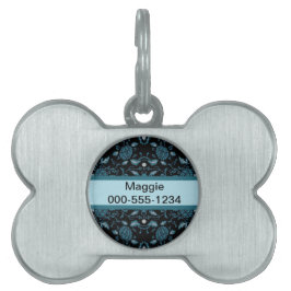 Placa Para Mascotas Elegante Damasco negro y Verde azulado