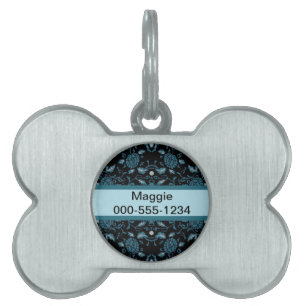 Placa Para Mascotas Elegante Damasco negro y Verde azulado