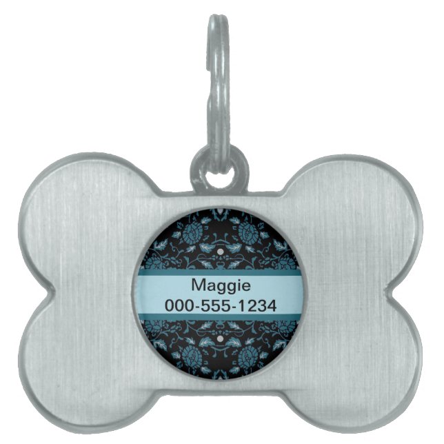 Placa Para Mascotas Elegante Damasco negro y Verde azulado (Frente)