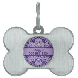 Placa Para Mascotas Elegante Damasco Purple de Flores