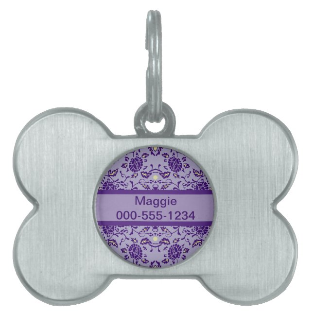 Placa Para Mascotas Elegante Damasco Purple de Flores (Frente)