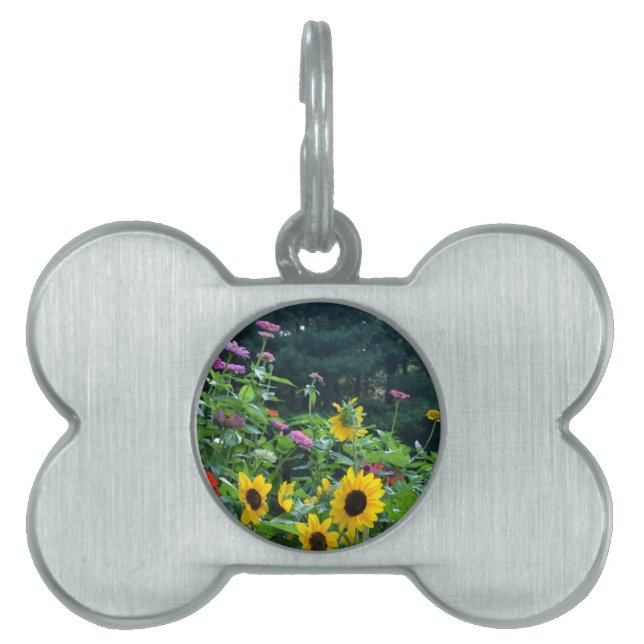 Placa Para Mascotas Elegante jardín florido girasoles mamáes zinnias (Frente)