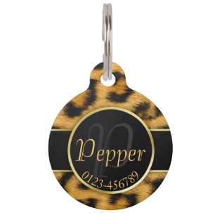 Placa Para Mascotas Elegante Leopard Print Monograma Script - Etiqueta