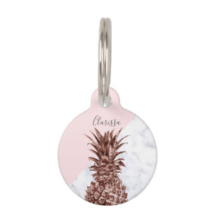 Placa Para Mascotas Elegante mármol blanco rosa de oro piña