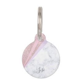 Placa Para Mascotas Elegante mármol blanco rosa dorado purpurina geomé