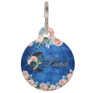 Placa Para Mascotas Elegante Media Luna Color de agua azul rosa Floral