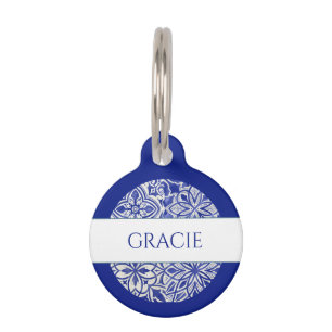 Placa Para Mascotas Elegante Monograma Baldosa Azul Blanca Personaliza