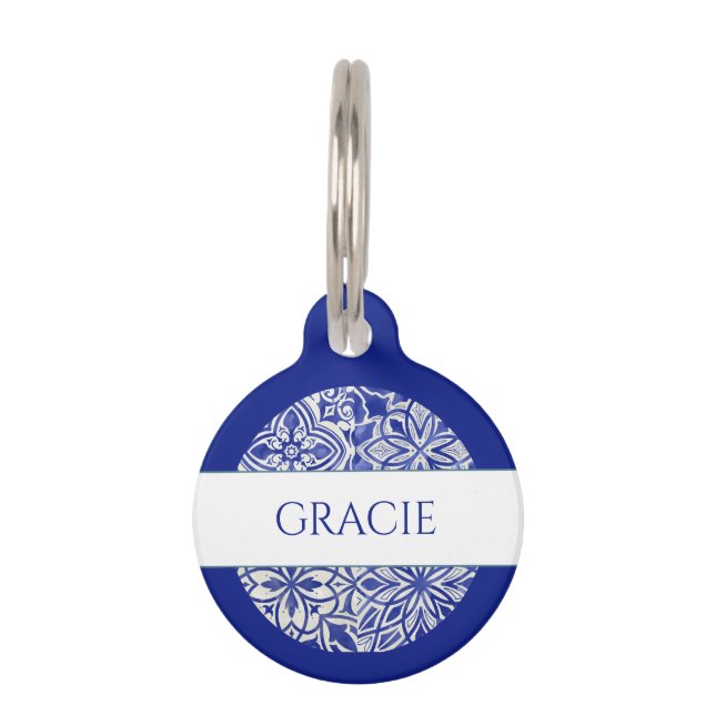 Placa Para Mascotas Elegante Monograma Baldosa Azul Blanca Personaliza (Anverso)