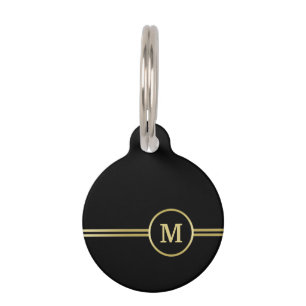 Placa Para Mascotas Elegante oro Monograma personalizado sobre negro