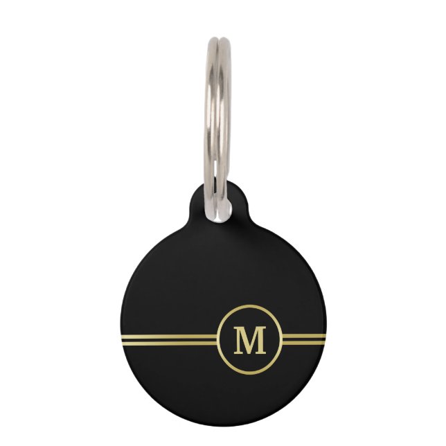 Placa Para Mascotas Elegante oro Monograma personalizado sobre negro (Anverso)