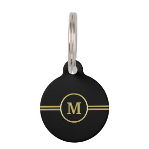 Placa Para Mascotas Elegante oro Monograma personalizado sobre negro