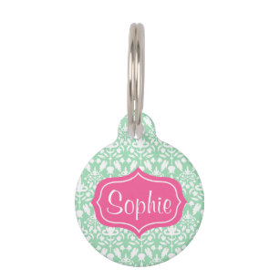 Placa Para Mascotas Elegante patrón de damasco rosa y verde menta